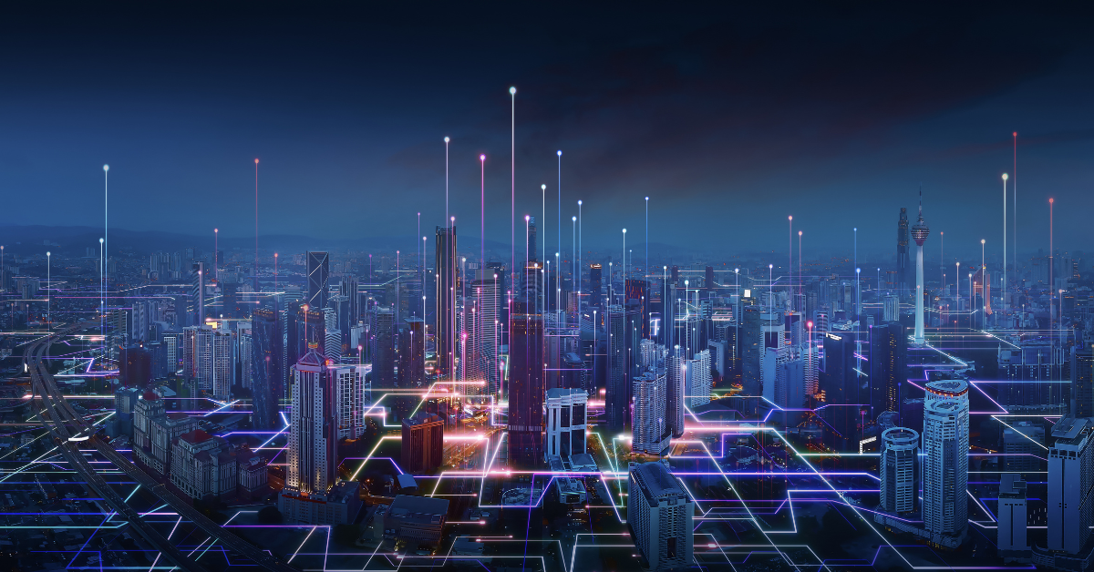 US city skyline at night with glowing digital connections symbolizing US tech hiring, technology and digital networks.