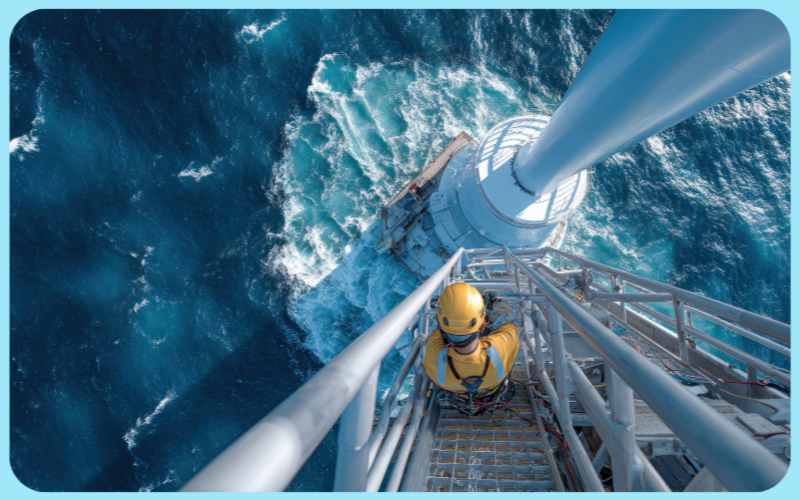 Engineer working offshore on renewable energy equipment, representing Vallum’s rapid, compliant contractor deployment across Europe.